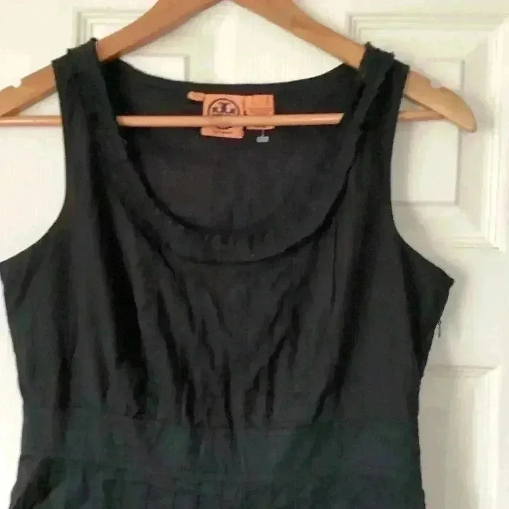 Tory Burch Dress Solid Black Pleated A-Line Sleeveless Ruffled Hem Cotton size 4